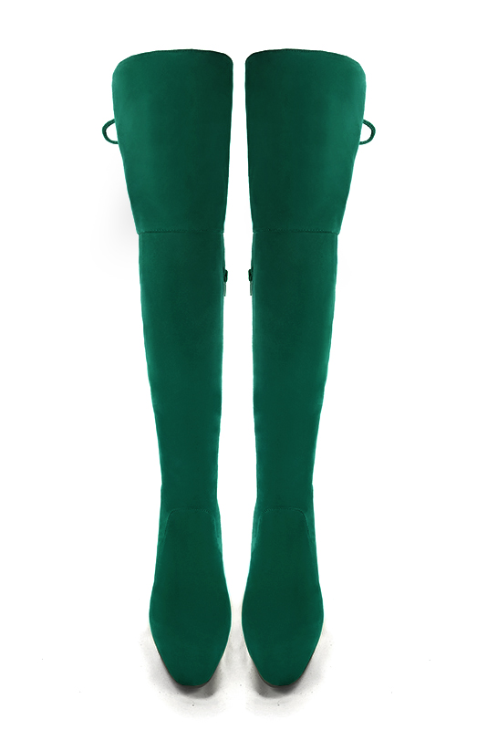 Emerald green women's leather thigh-high boots. Round toe. High block heels. Made to measure. Top view - Florence KOOIJMAN